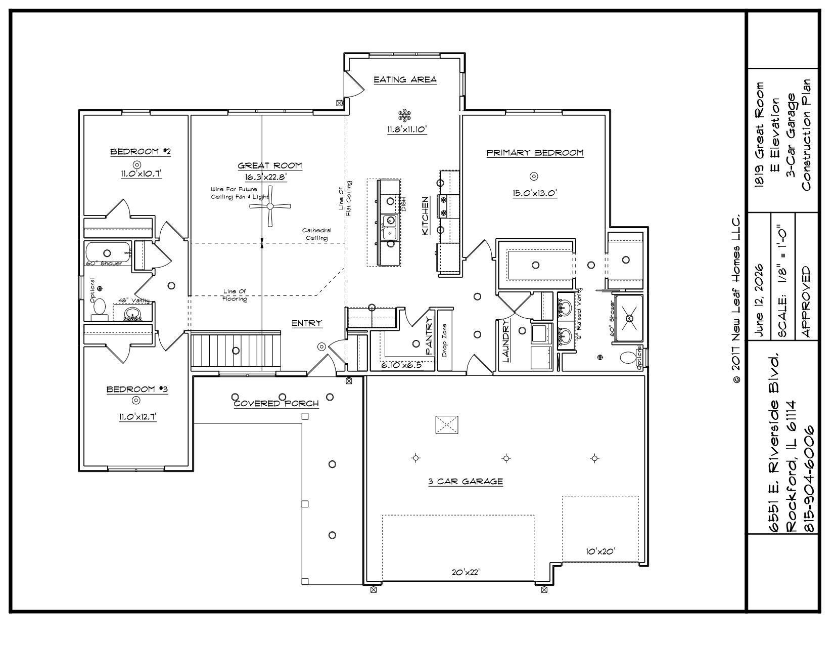 Architectural floor plan of a house with multiple rooms, including a kitchen, living room, bedrooms, and a garage.