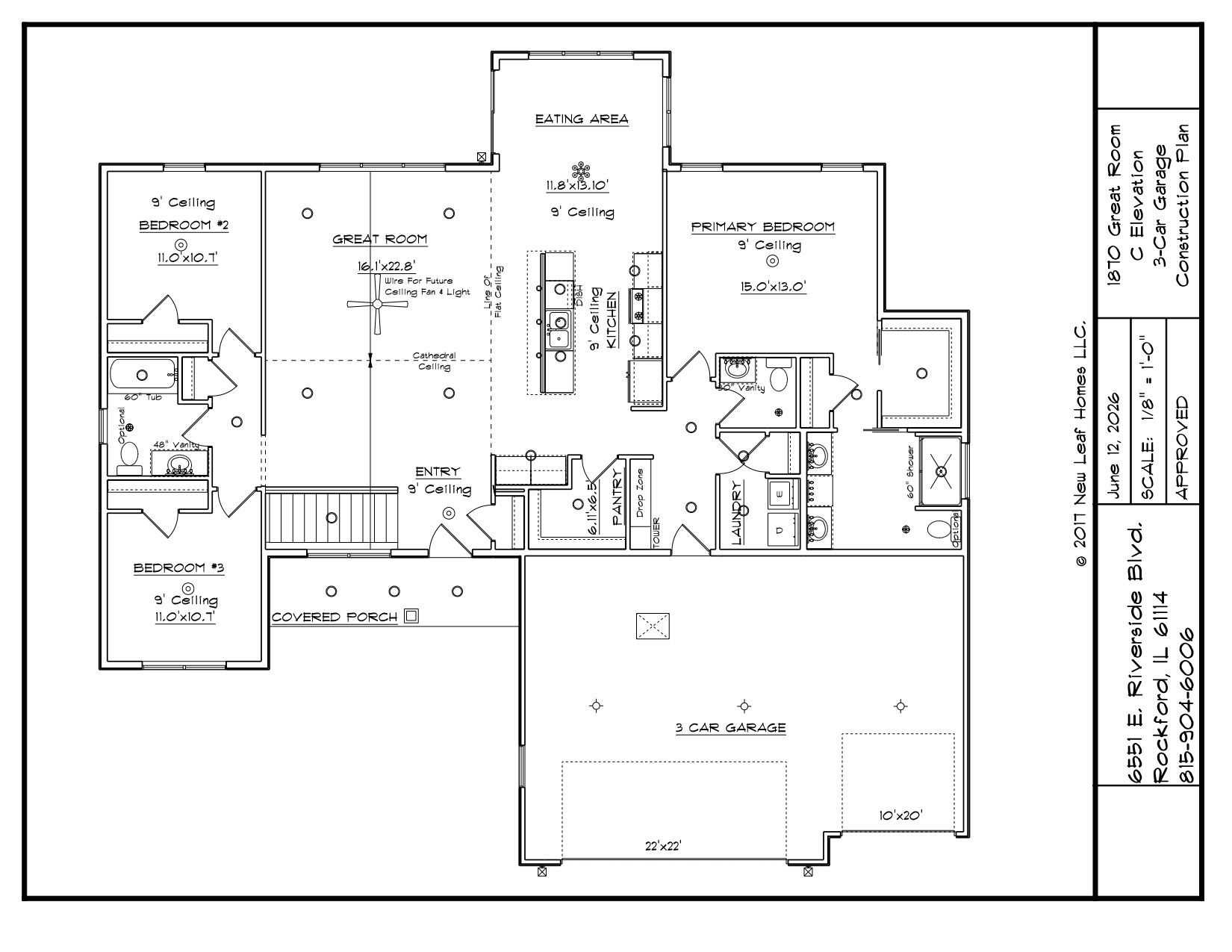 Architectural floor plan of a house with multiple rooms, including a kitchen, living room, bedrooms, and a garage.