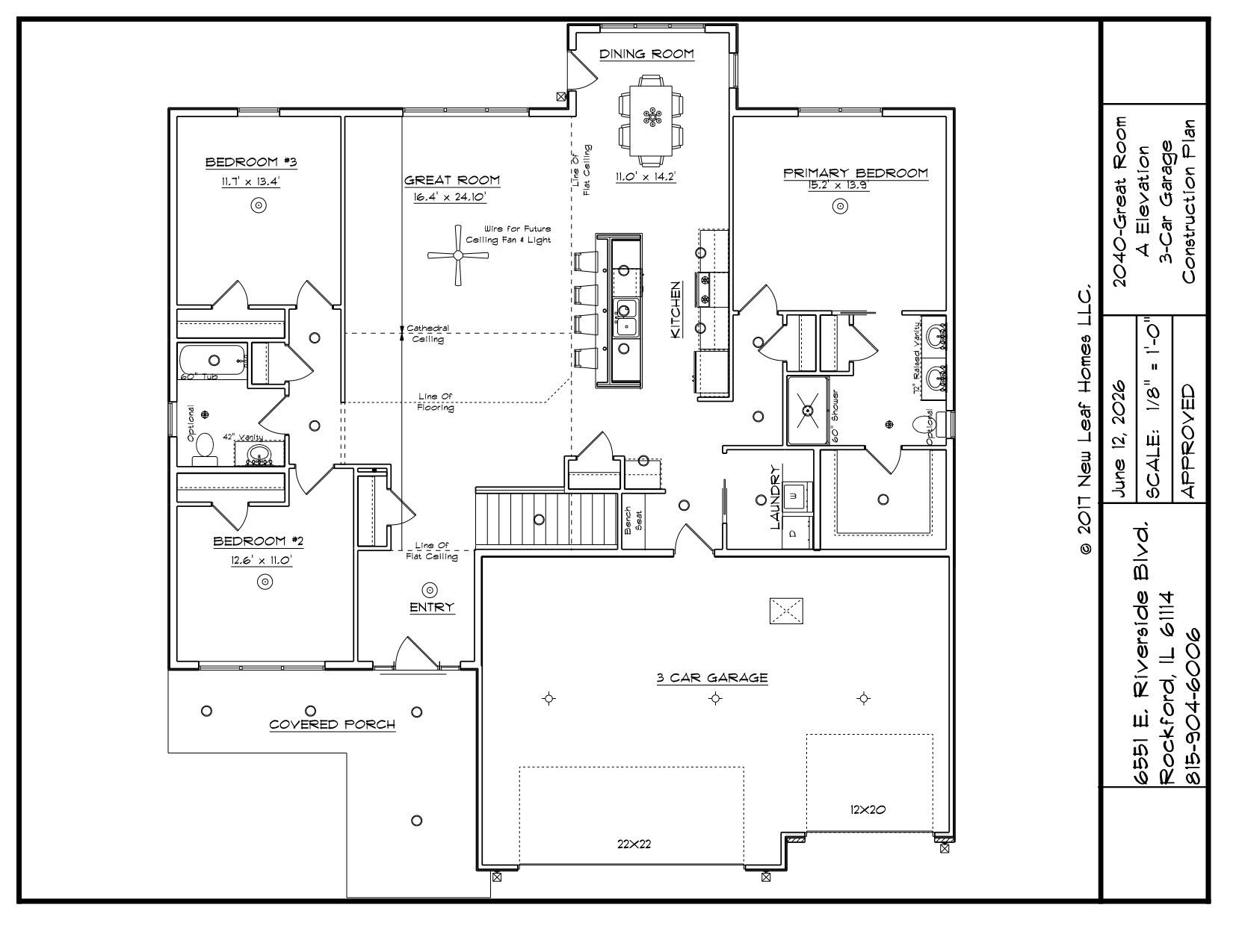 Architectural floor plan of a house with multiple rooms, including a kitchen, living room, bedrooms, and a garage.
