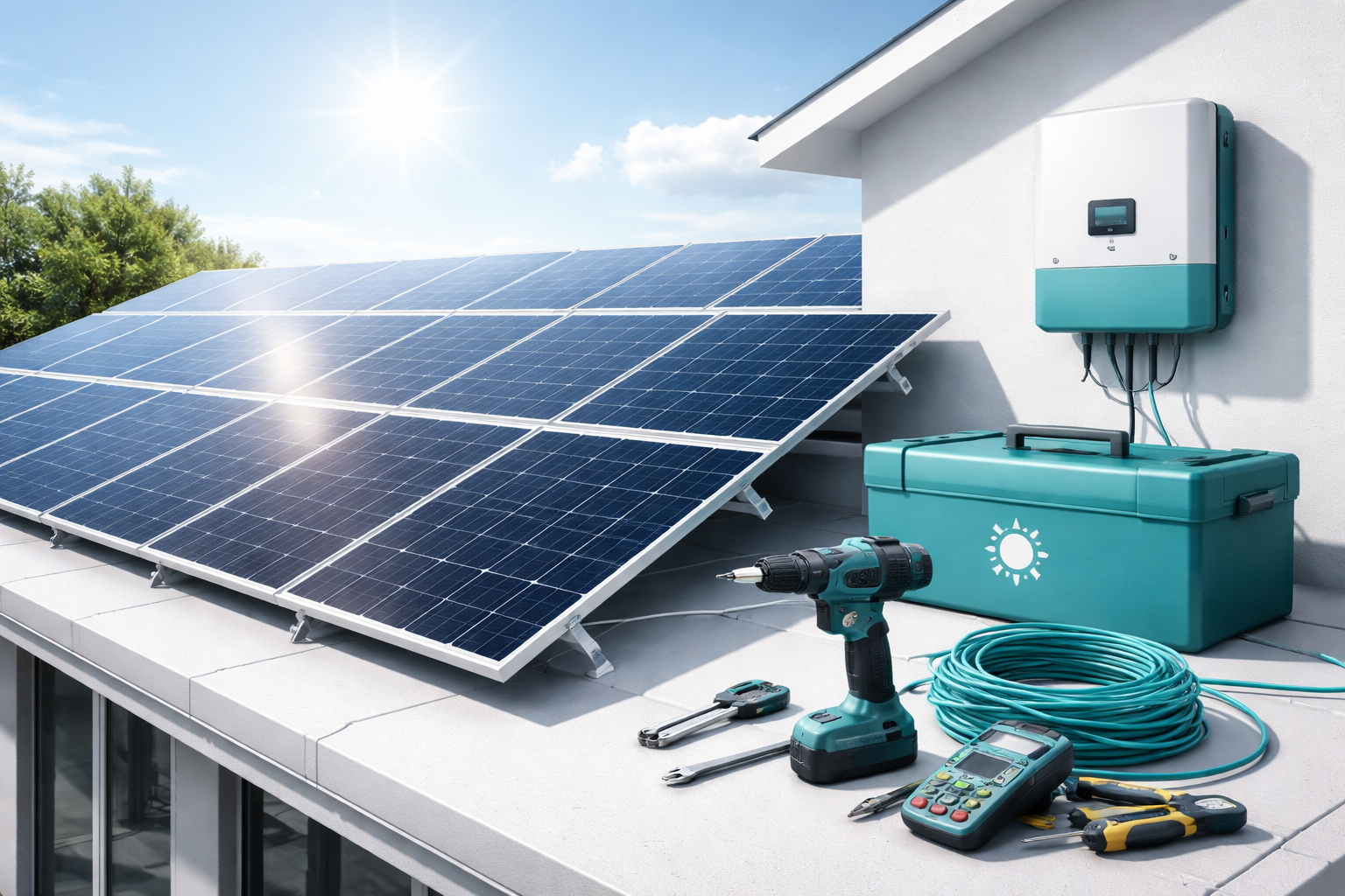 Worker in orange coveralls installing solar panels on a rooftop, against a clear blue sky.