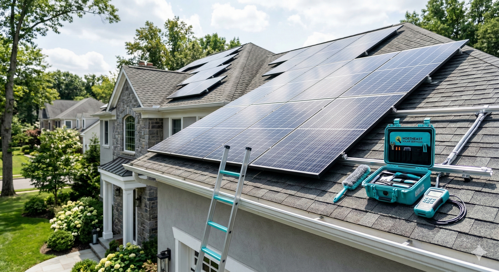 Solar panels being cleaned with a brush and water.