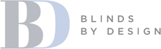 Blinds by Design logo with large pale blue “B” and gray text on white background