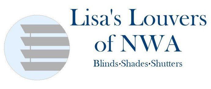 Lisa’s Louvers of NWA logo with blue text and a gray circular blinds icon