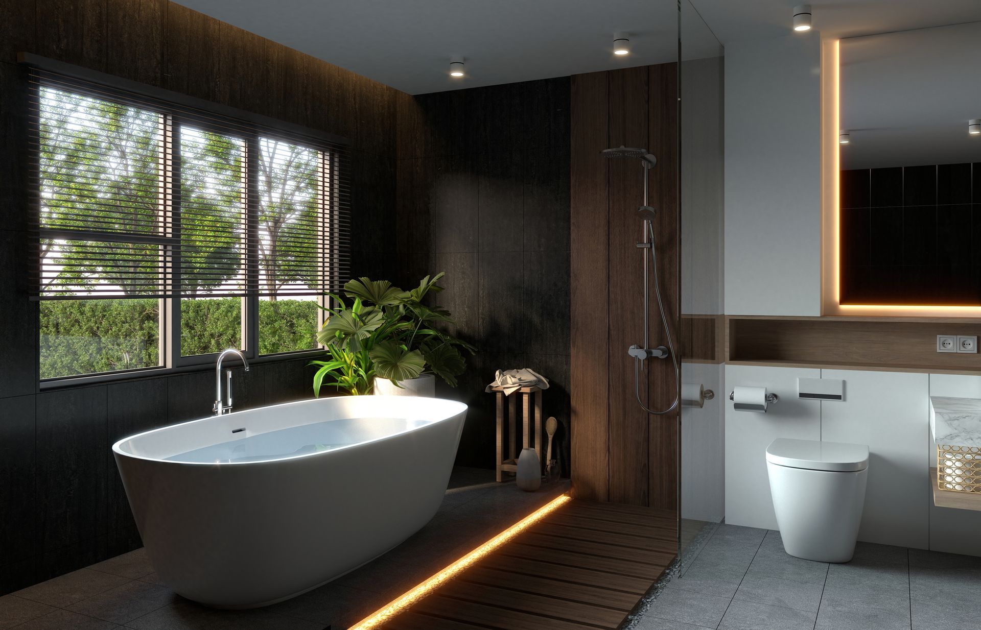 A bathroom with a bathtub , toilet , shower and mirror.