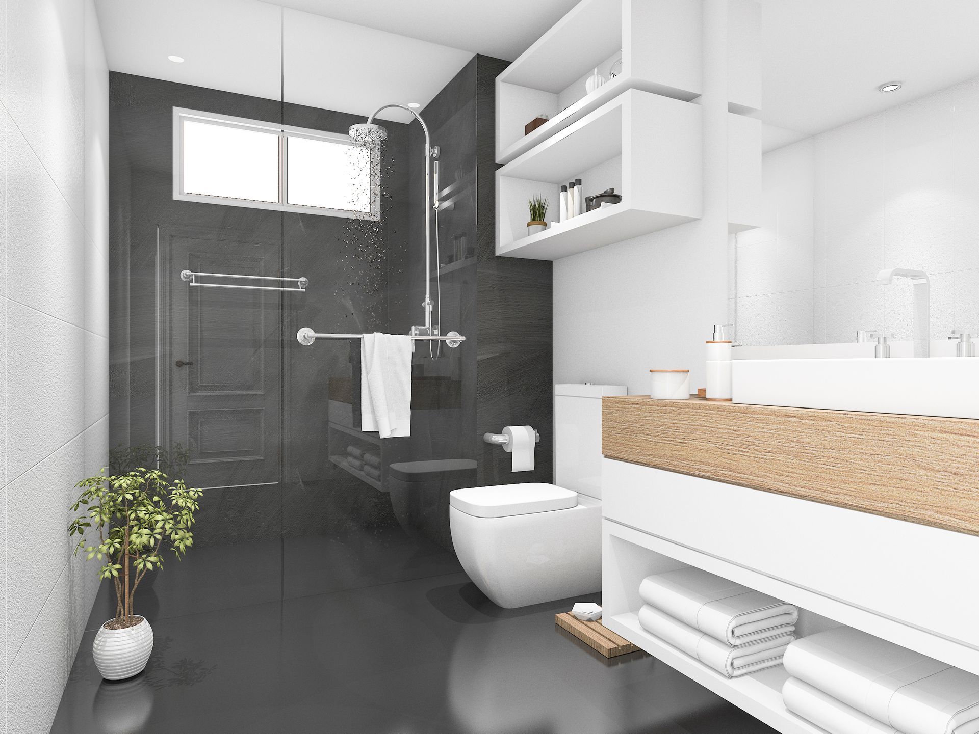 A bathroom with a toilet , sink , and shower.