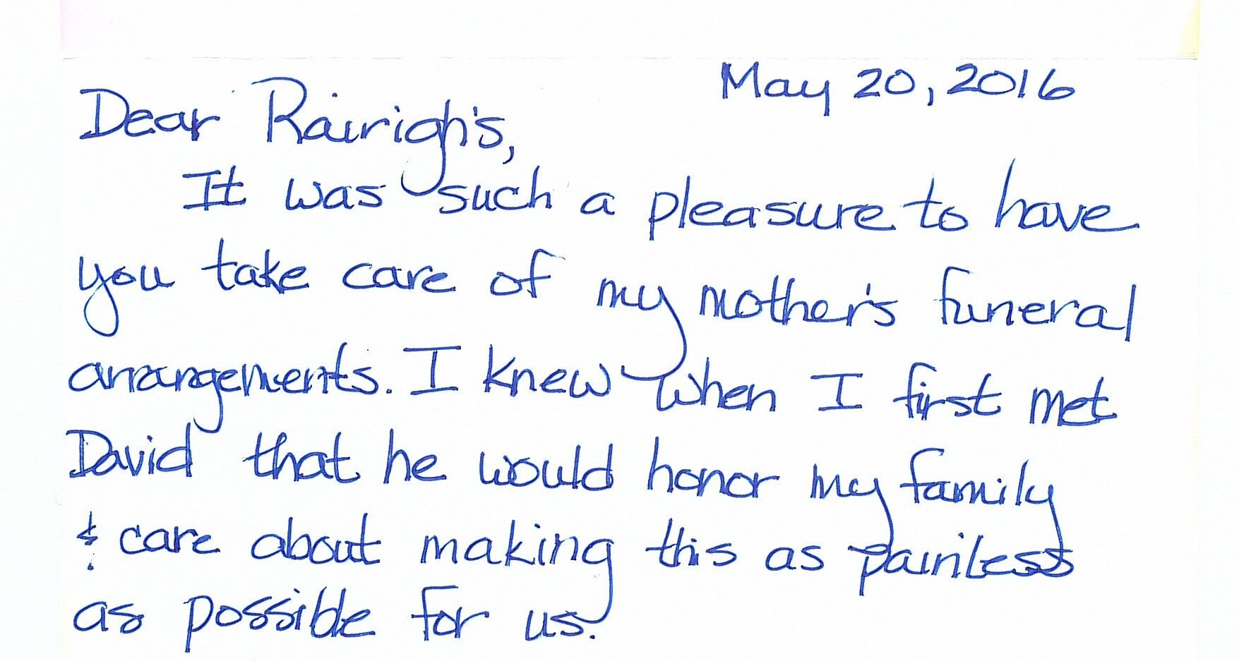 Funeral Home Testimonial and Thank you card