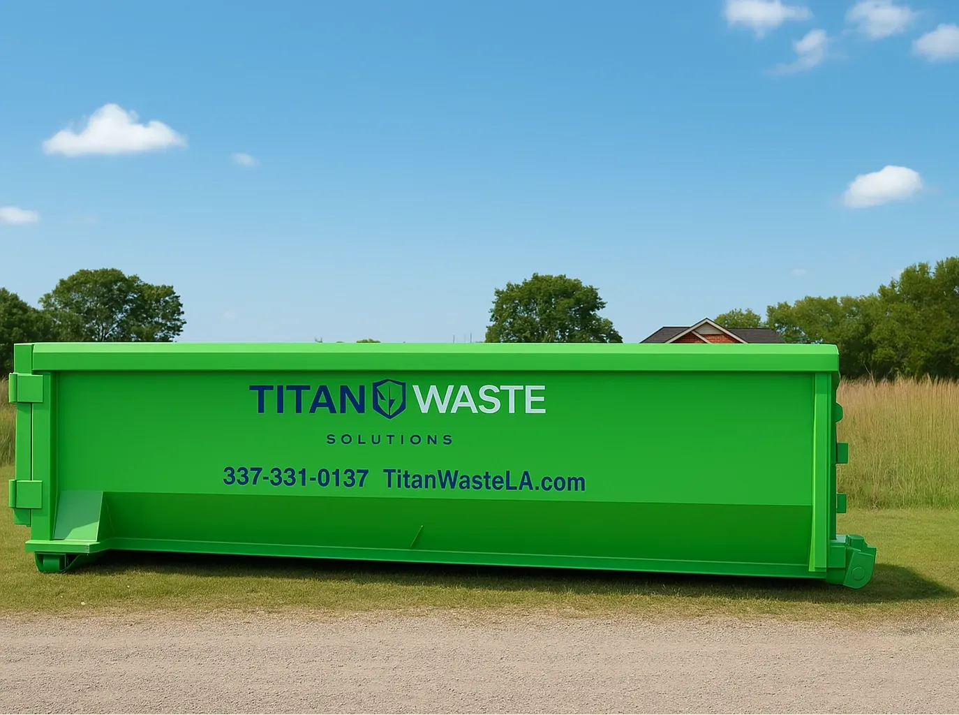 A green dumpster that says titan waste on it