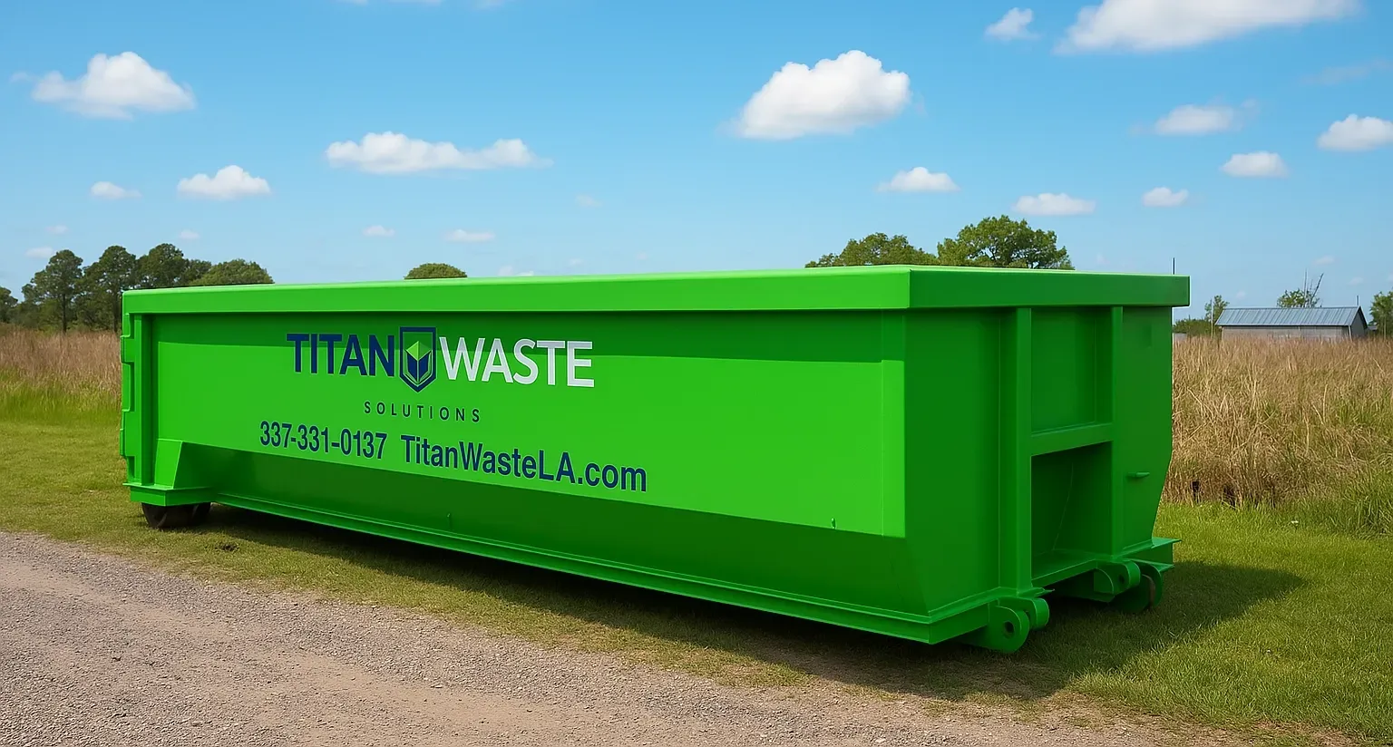 A green dumpster is parked in a grassy field.