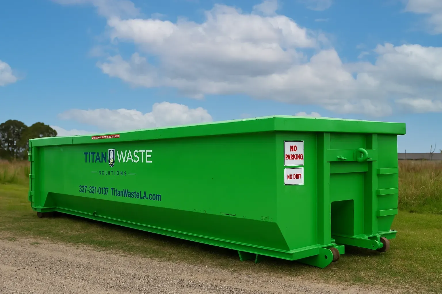 A green dumpster is parked in a grassy field.