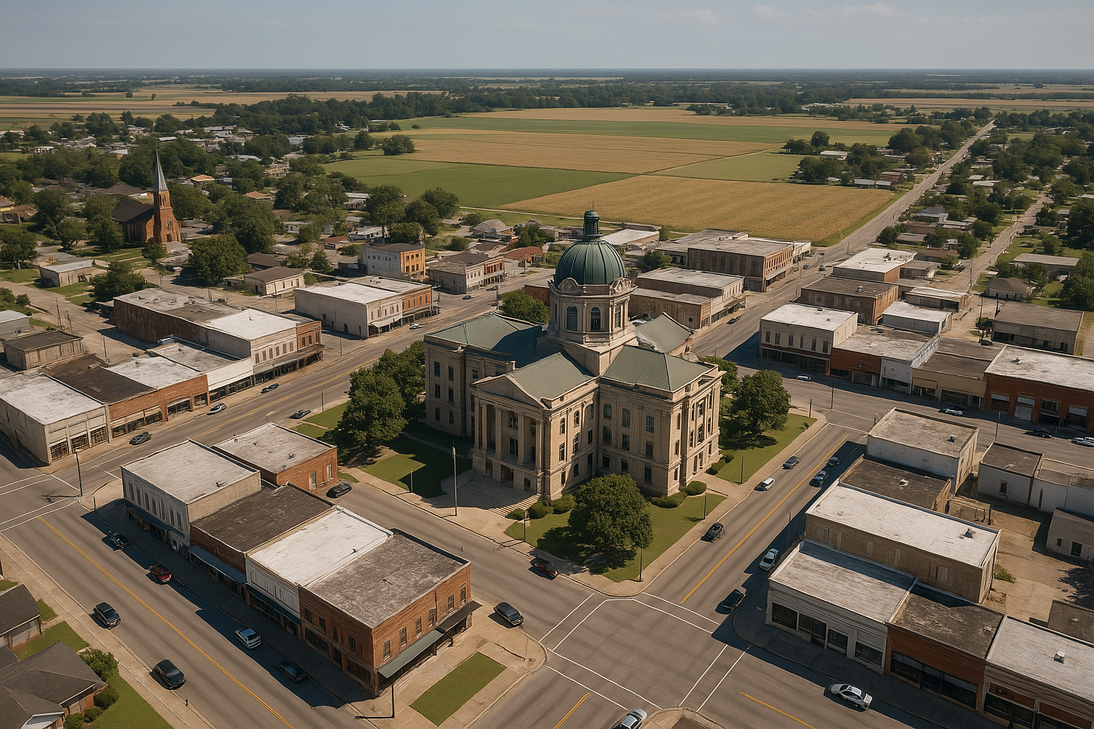 An aerial view of a small town with a courthouse in the middle