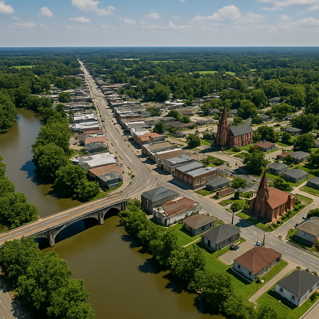 An aerial view of a small town with a bridge over a river