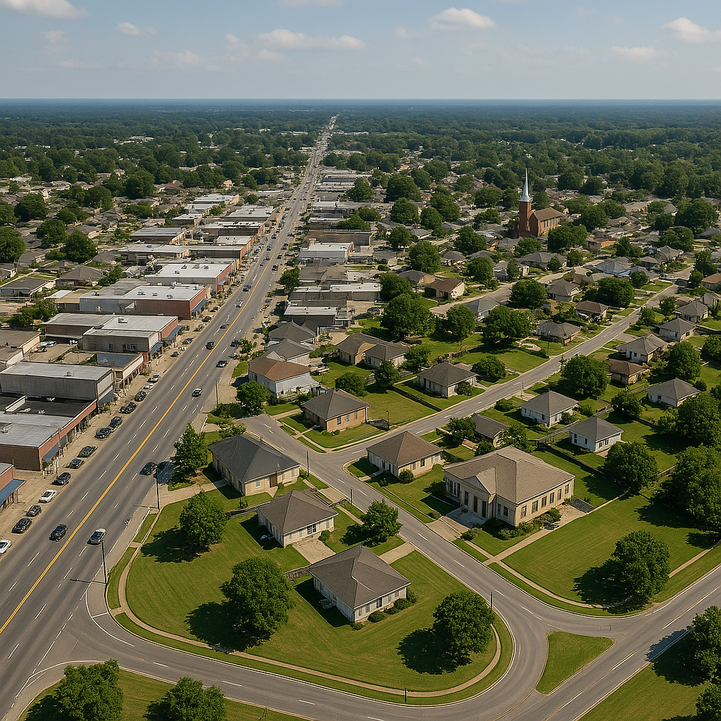 An aerial view of a small town with lots of houses and trees