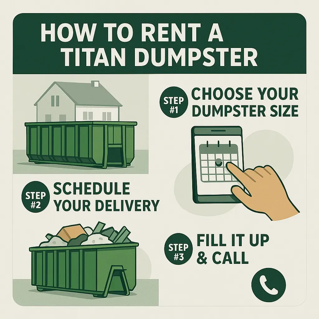 A cartoon illustration of how to rent a titan dumpster.