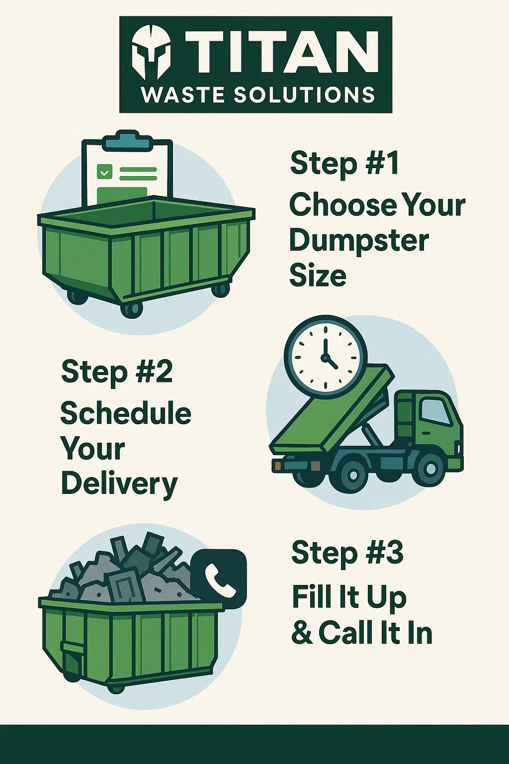 A poster showing how to choose a dumpster size , schedule your delivery , fill it up and call it in.