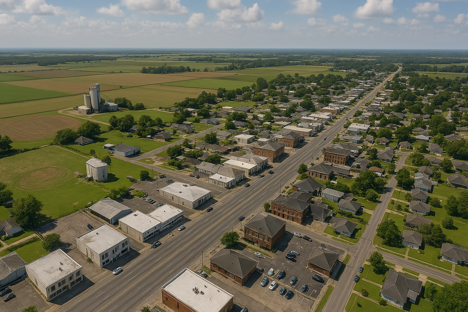 An aerial view of a small town surrounded by fields and houses.