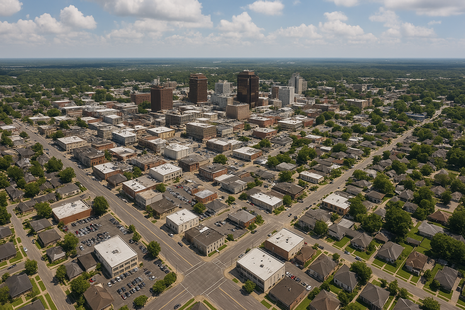 An aerial view of a city with lots of buildings and trees