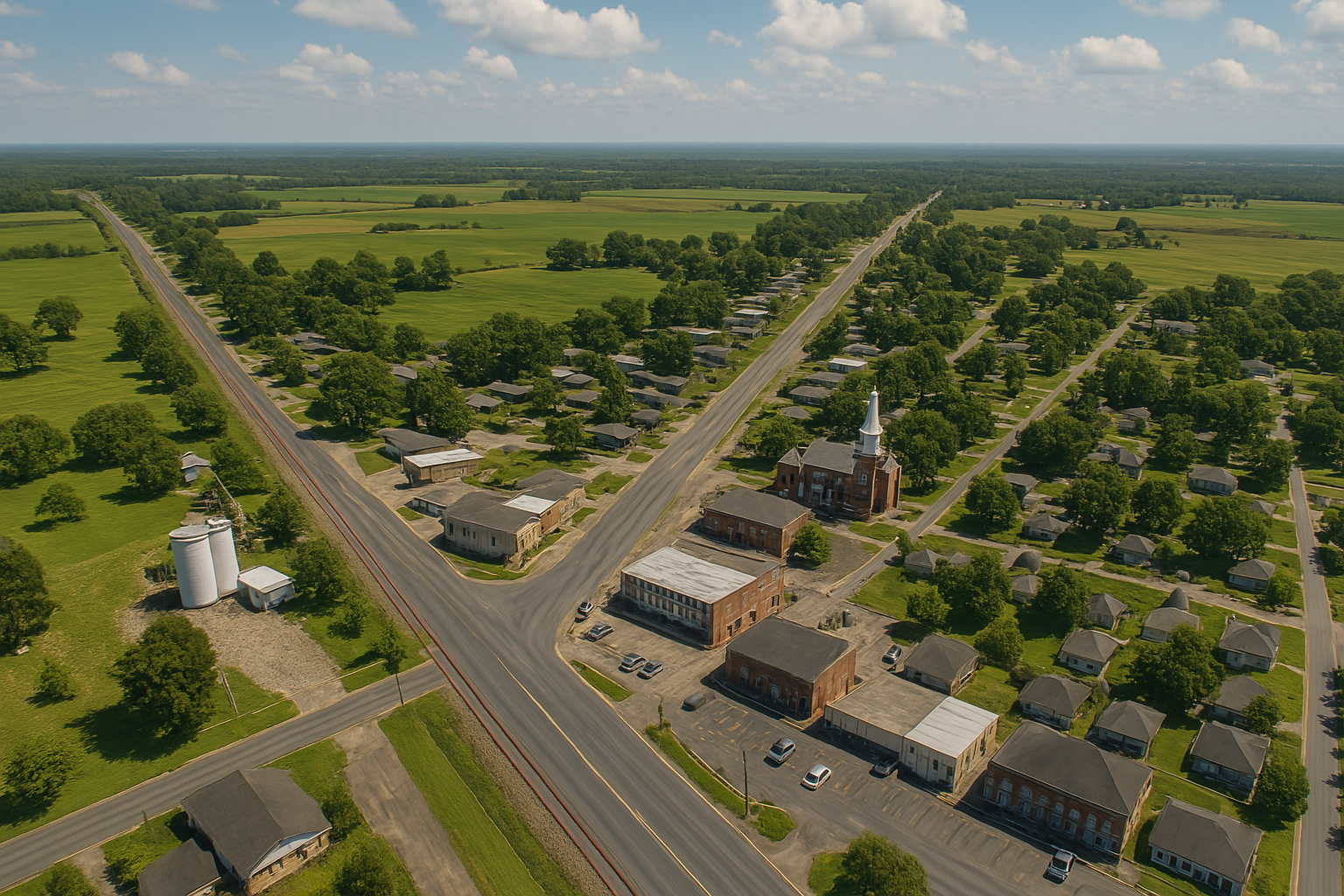 An aerial view of a small town with a church in the middle of it