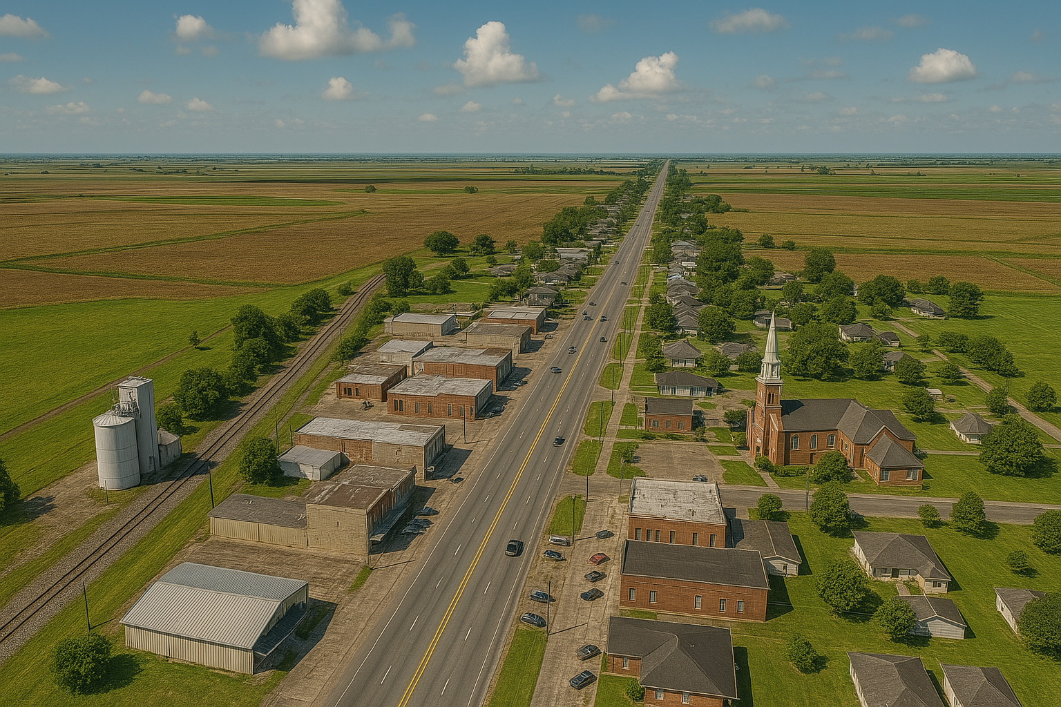 An aerial view of a small town next to a highway.