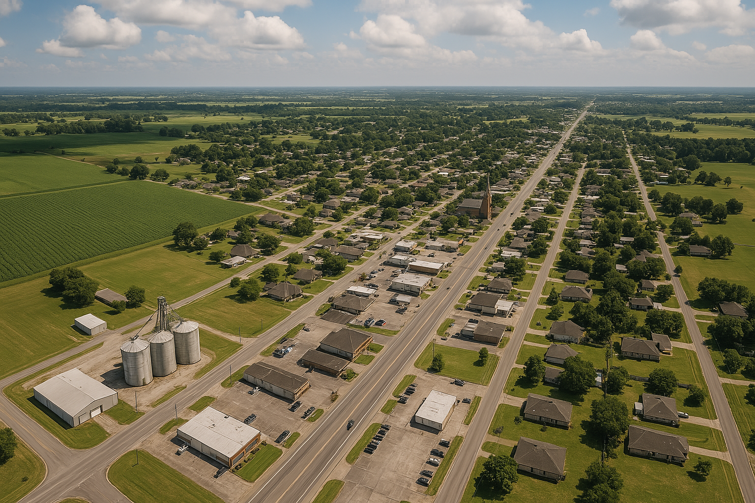 An aerial view of a small town surrounded by fields and houses.