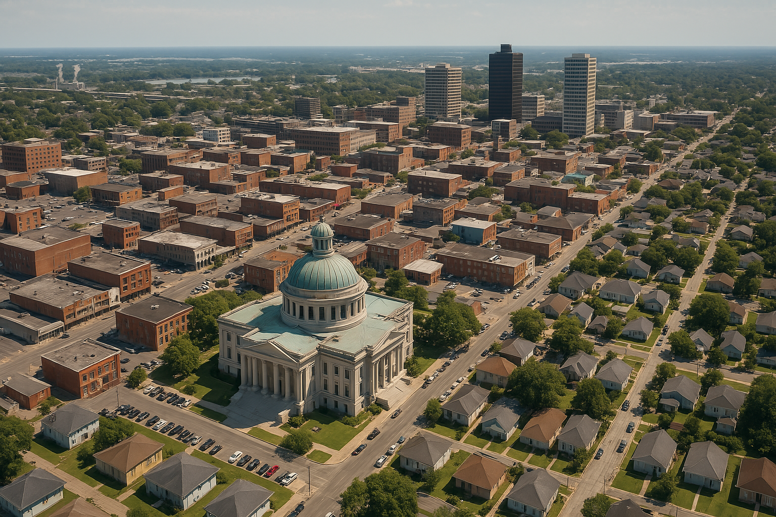 An aerial view of a city with a dome in the middle