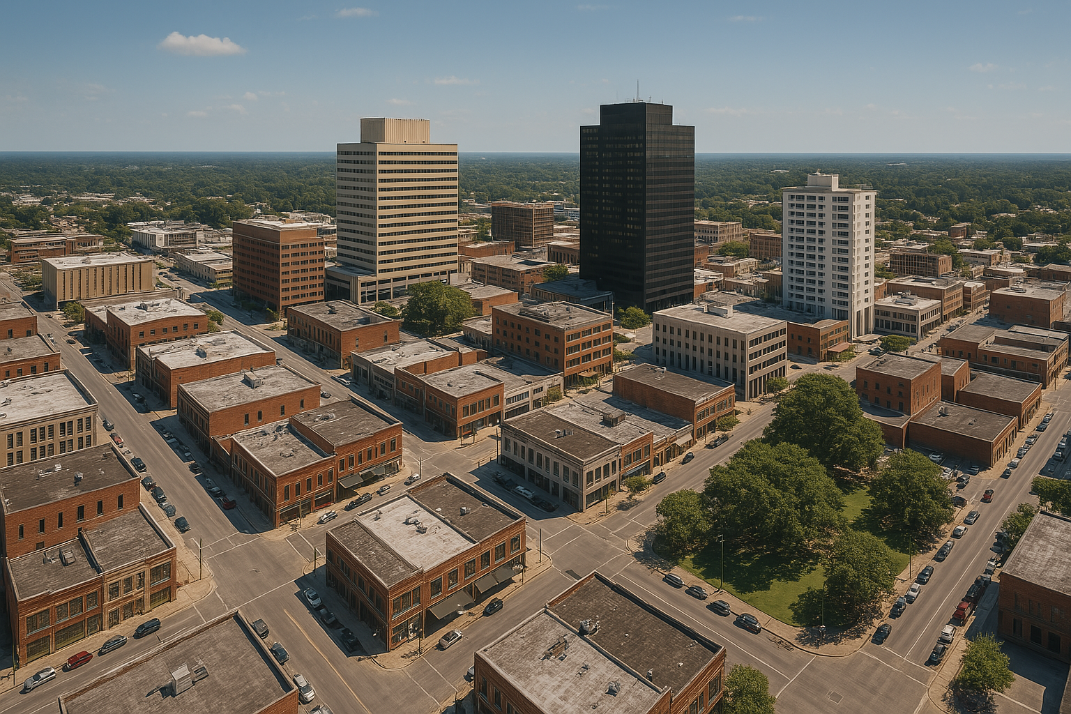 An aerial view of a city with lots of buildings and trees