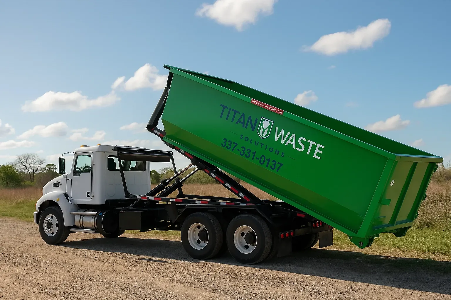 A white truck with a green dumpster that says titan waste