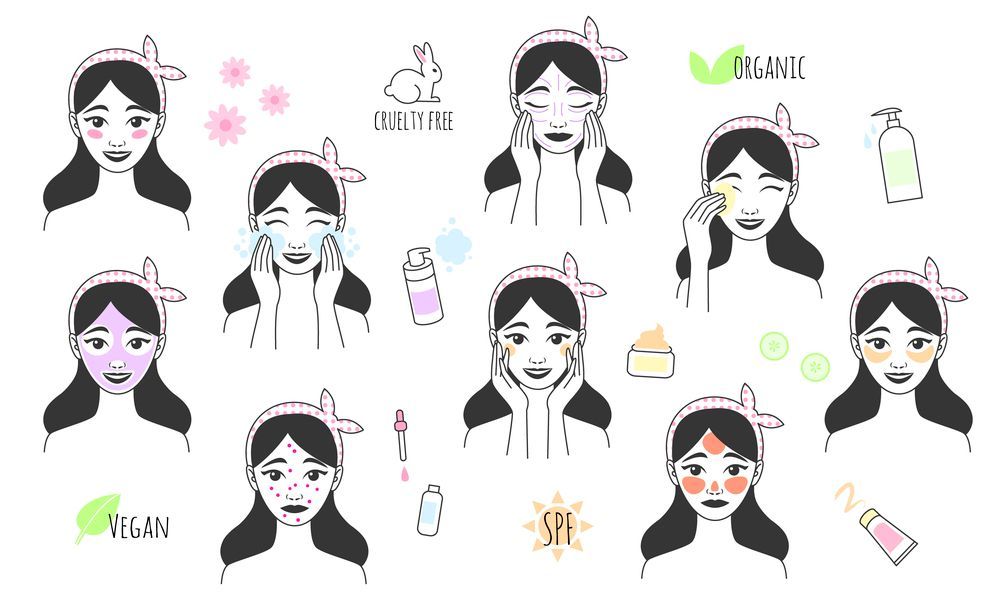 Un'illustrazione che mostra una routine di cura della pelle, con passaggi che includono lavaggio, applicazione del siero, maschere per il viso e protezione solare.