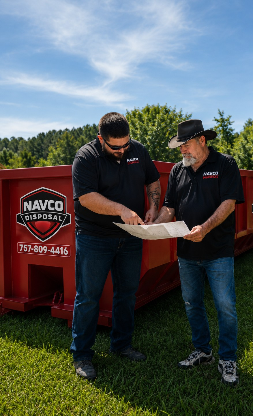 two men discussing dumpster rentals