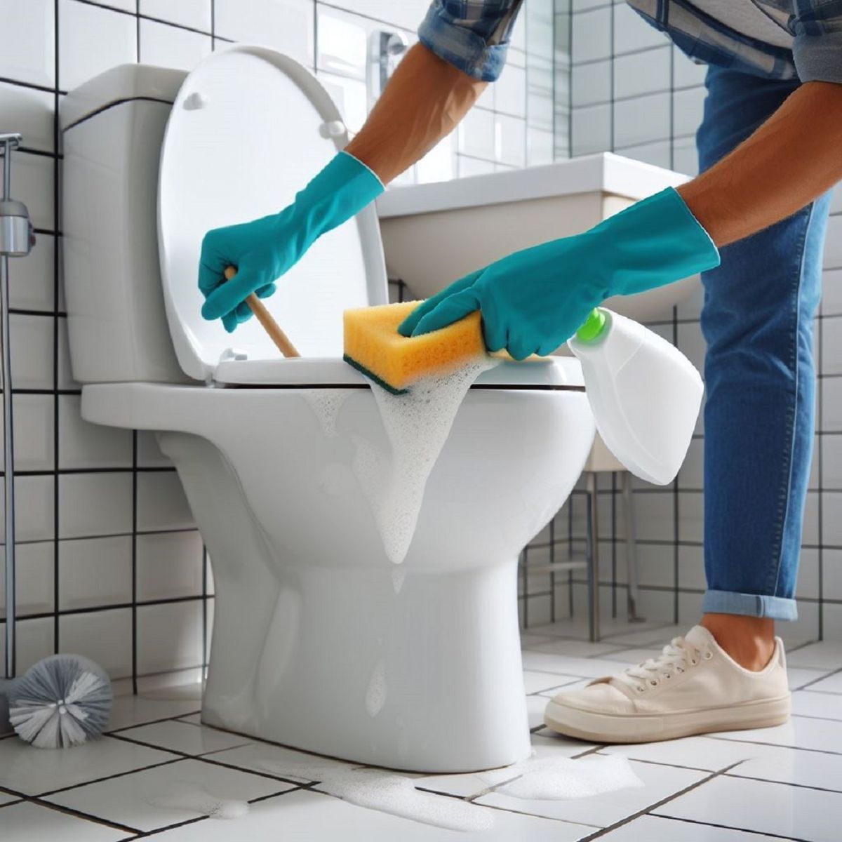 Person cleaning a toilet with a sponge and spray bottle, bathroom setting.