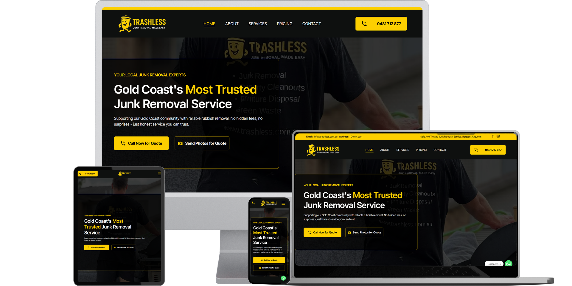 Trashless rubbish removal website on desktop, laptop, tablet and phone