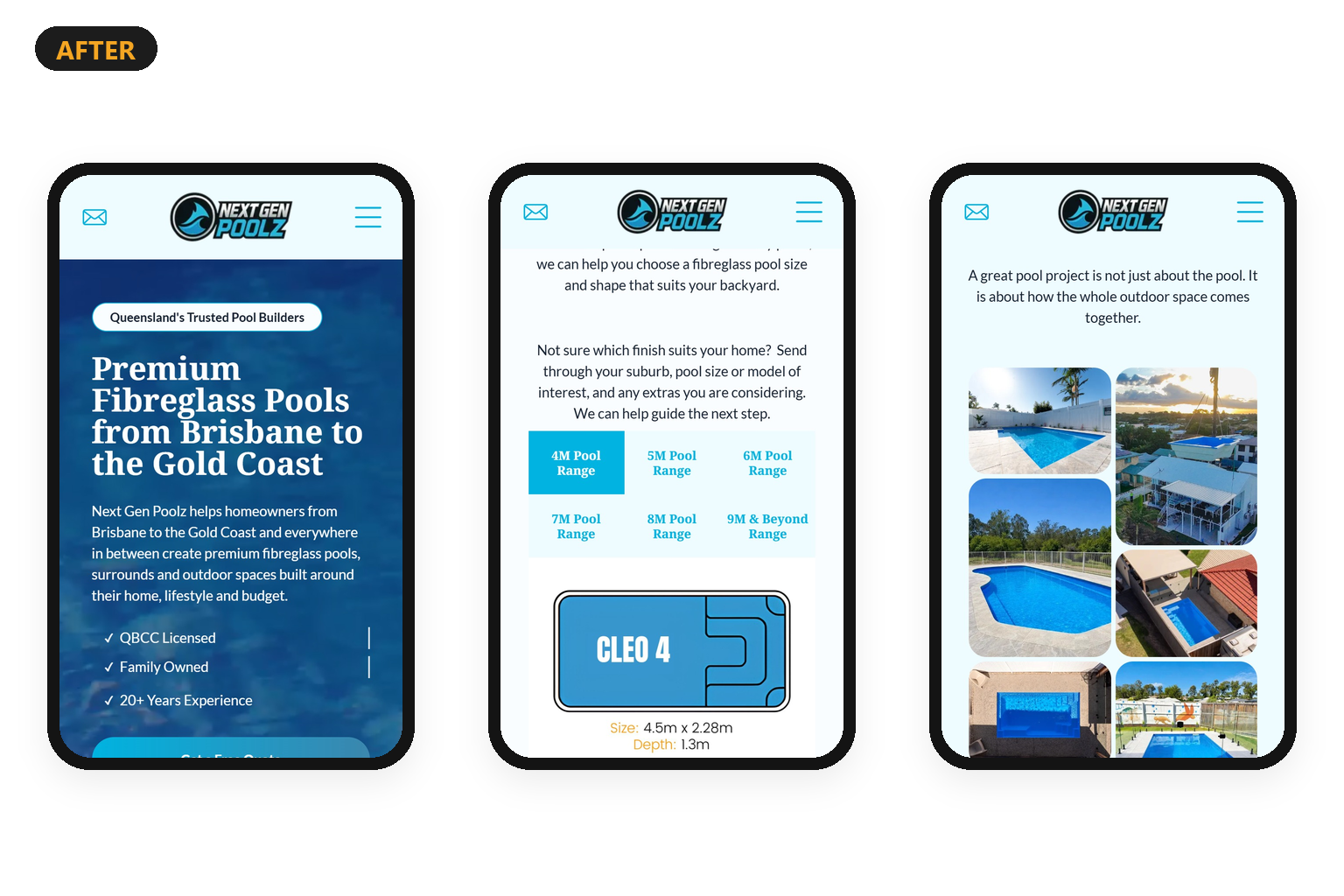 Next Gen Poolz new website on three phone screens