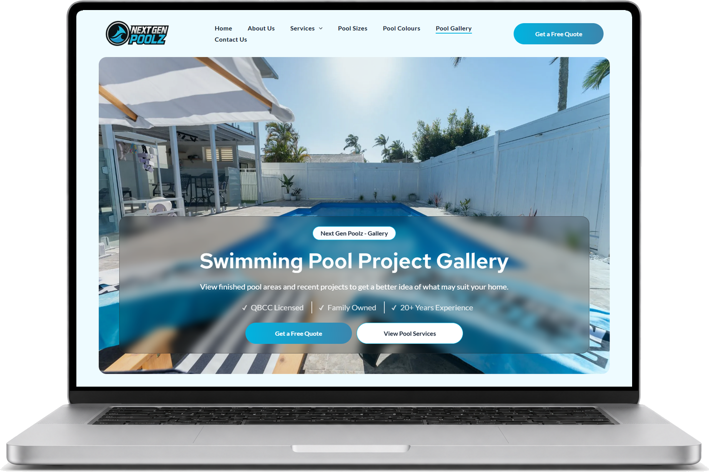 Next Gen Poolz pool gallery page on a laptop