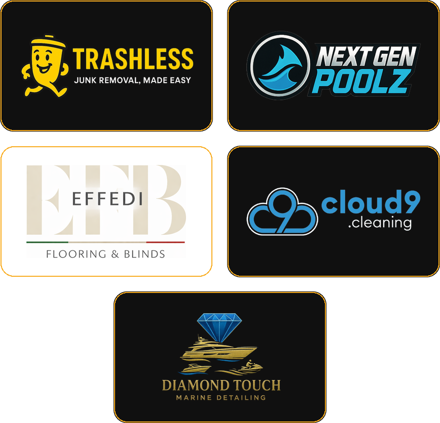 Logos of businesses Offernation has built websites for: Trashless, Next Gen Poolz, EFB Flooring & Blinds, Cloud9 Cleaning and Diamond Touch Marine Detailing