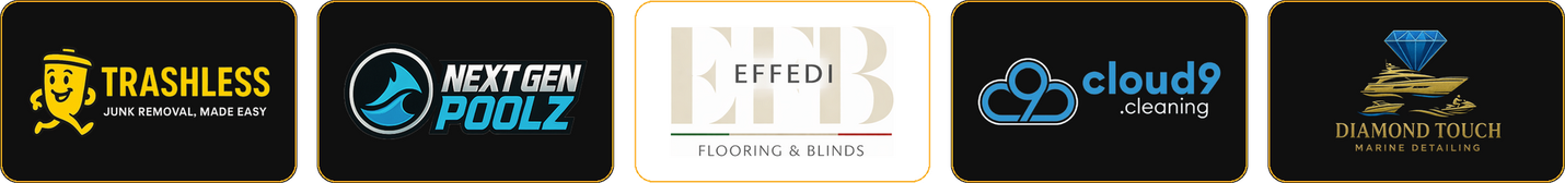 Logos of businesses Offernation has built websites for: Trashless, Next Gen Poolz, EFB Flooring & Blinds, Cloud9 Cleaning and Diamond Touch Marine Detailing