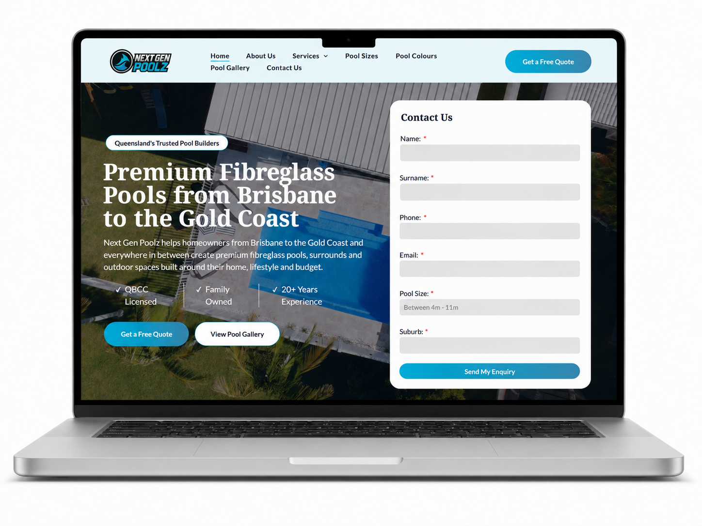 Laptop displaying a pool company website with a quote form and “Premium Fibreglass Pools” headline