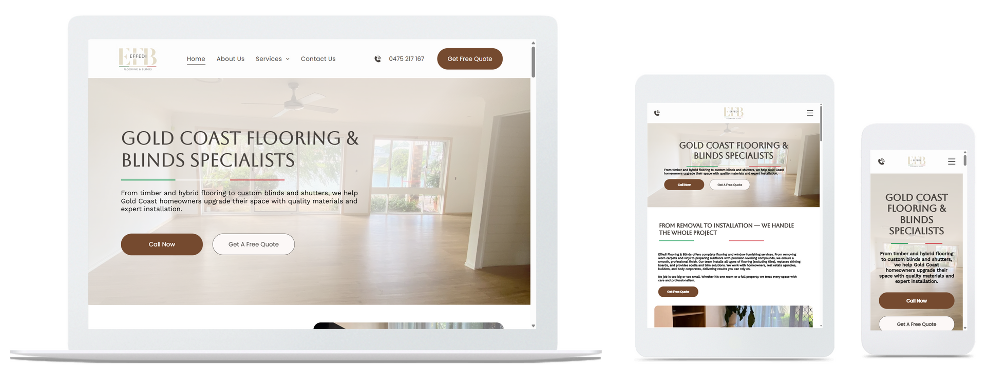 A laptop, tablet, and smartphone displaying the same website for Gold Coast flooring and blinds specialists.