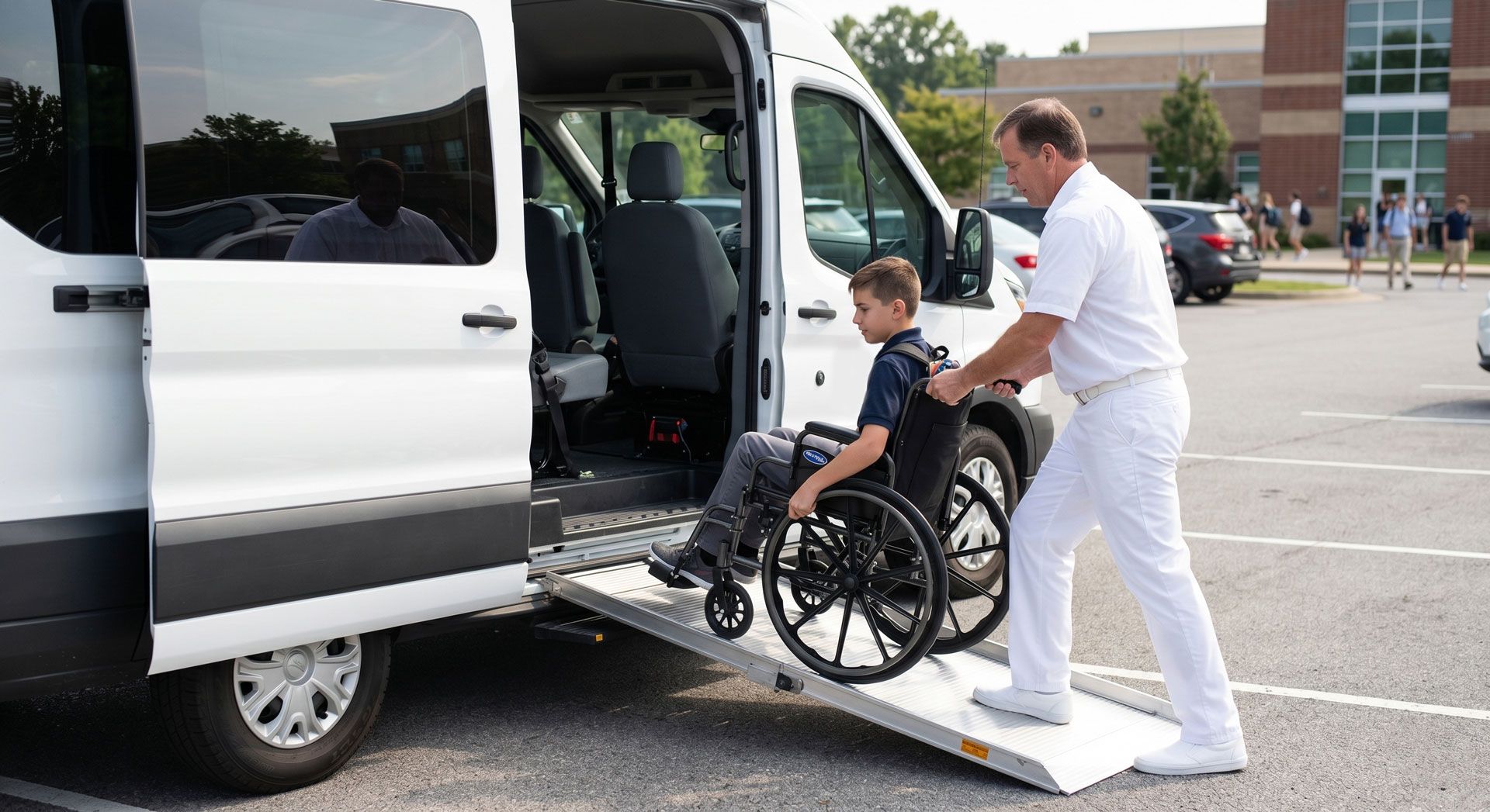 Person in wheelchair being loaded into a van using a portable ramp with help from another person.