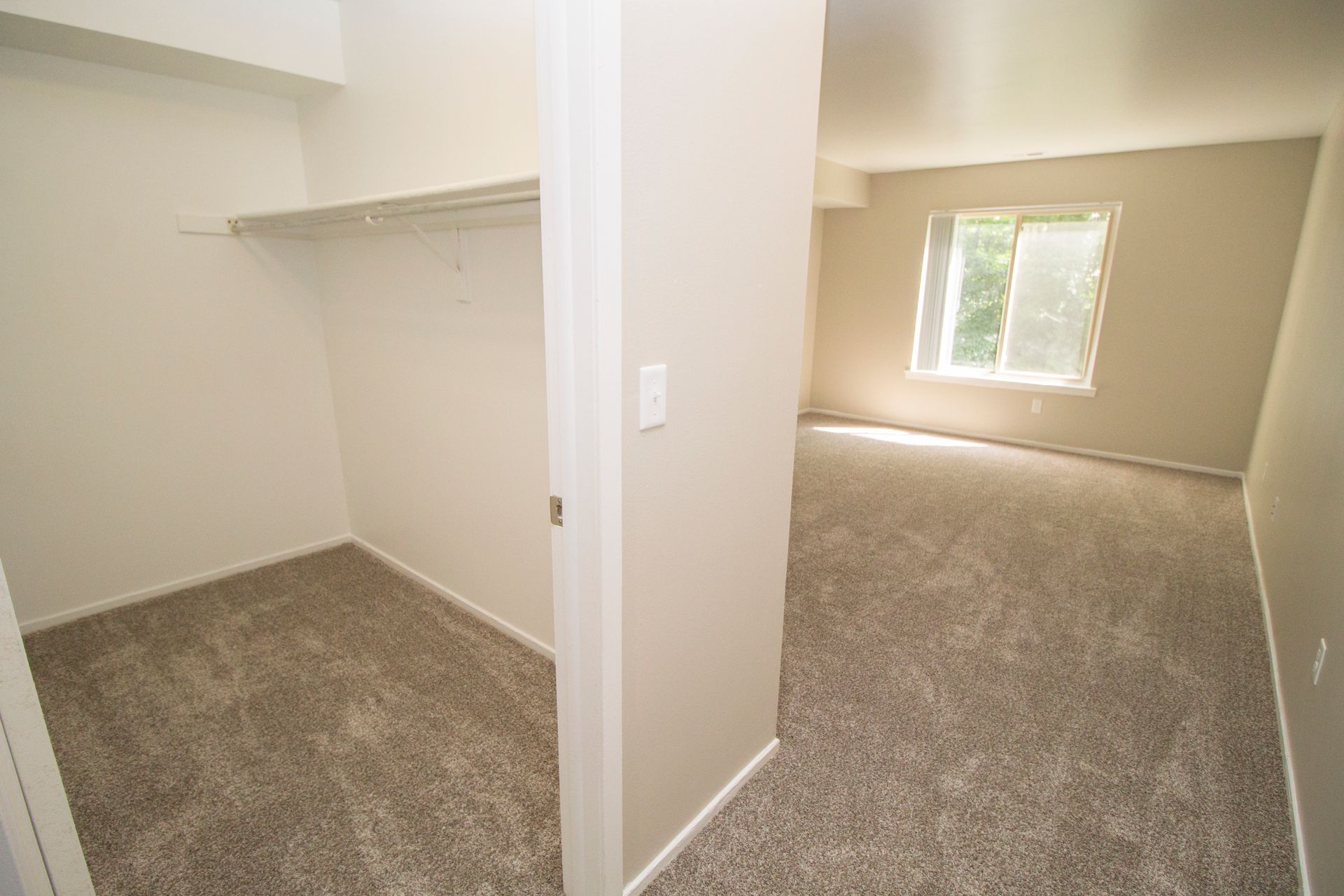 An empty bedroom with a walk in closet and a window.
