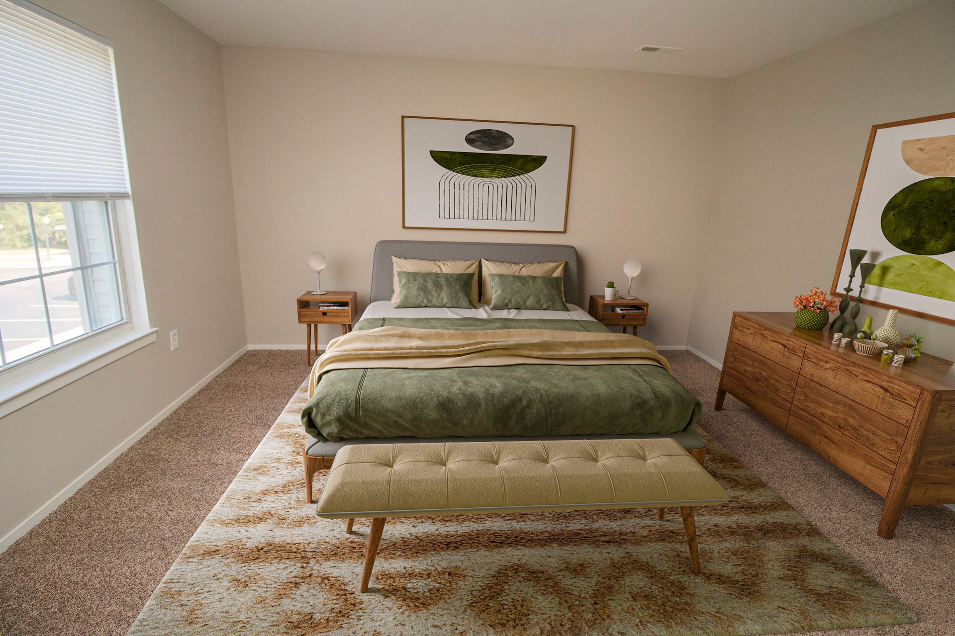 A bedroom with a bed , dresser , bench and window.