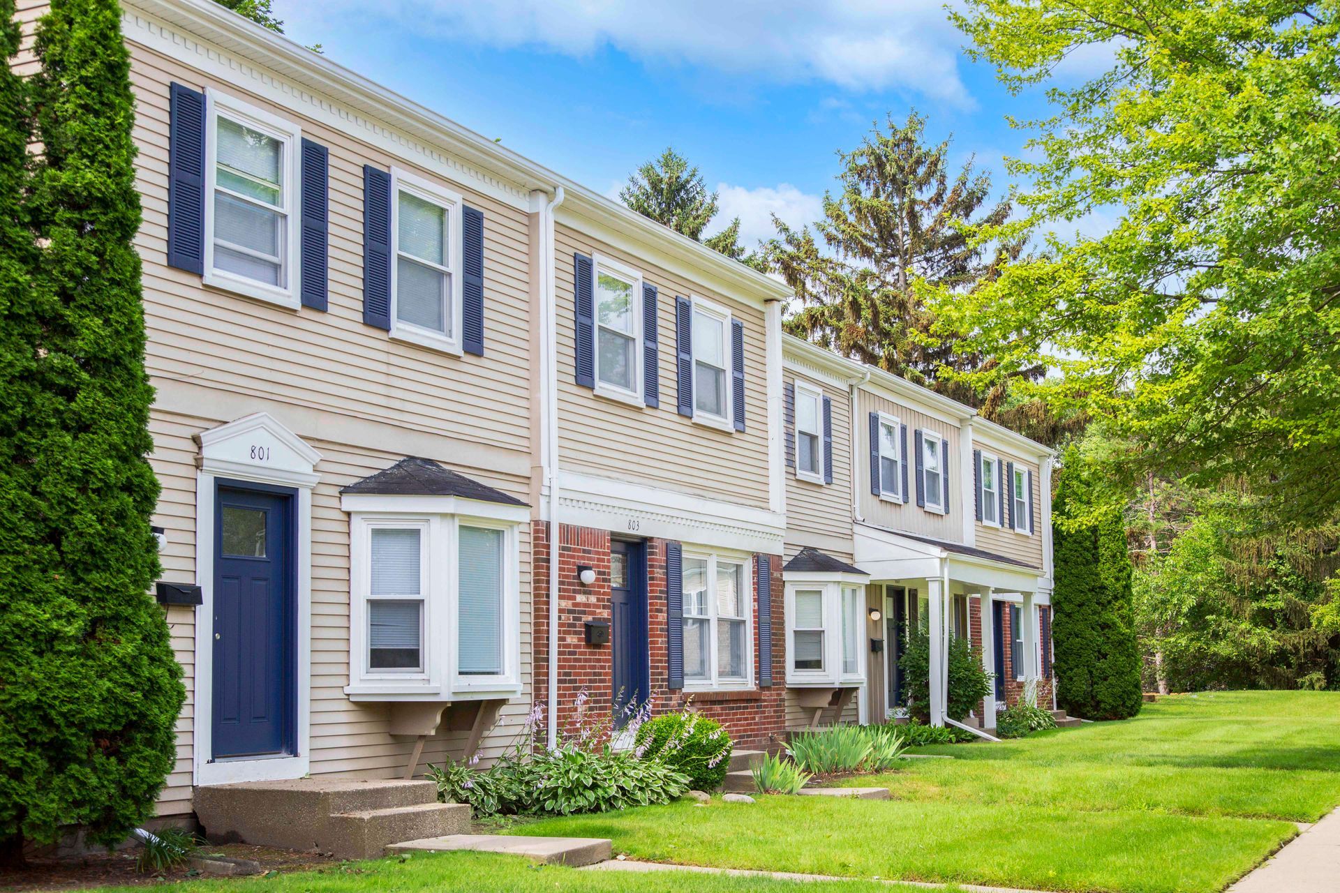 A row of houses with blue shutters are lined up next to each other in a residential area.