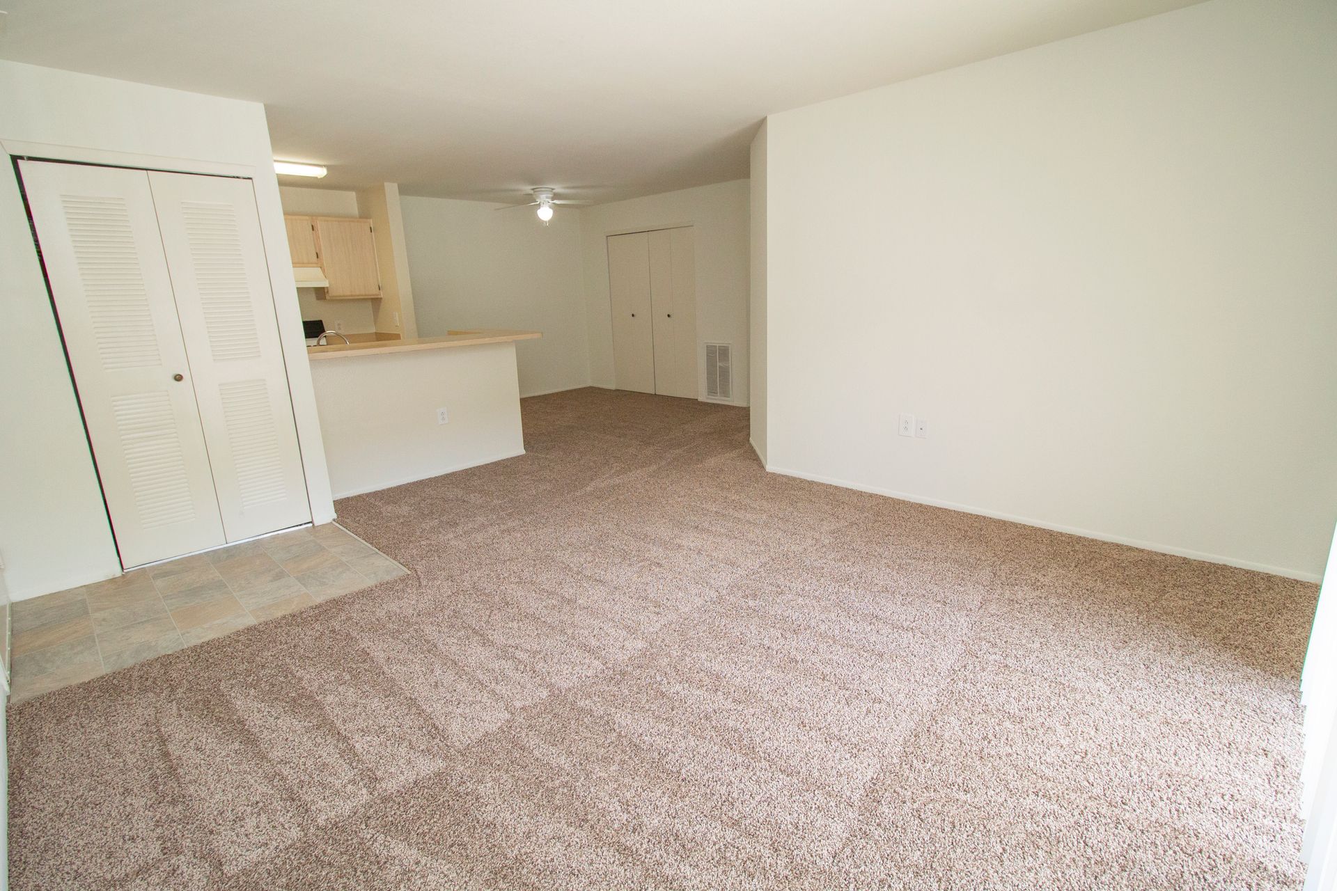 An empty living room with a brown carpet and white walls
