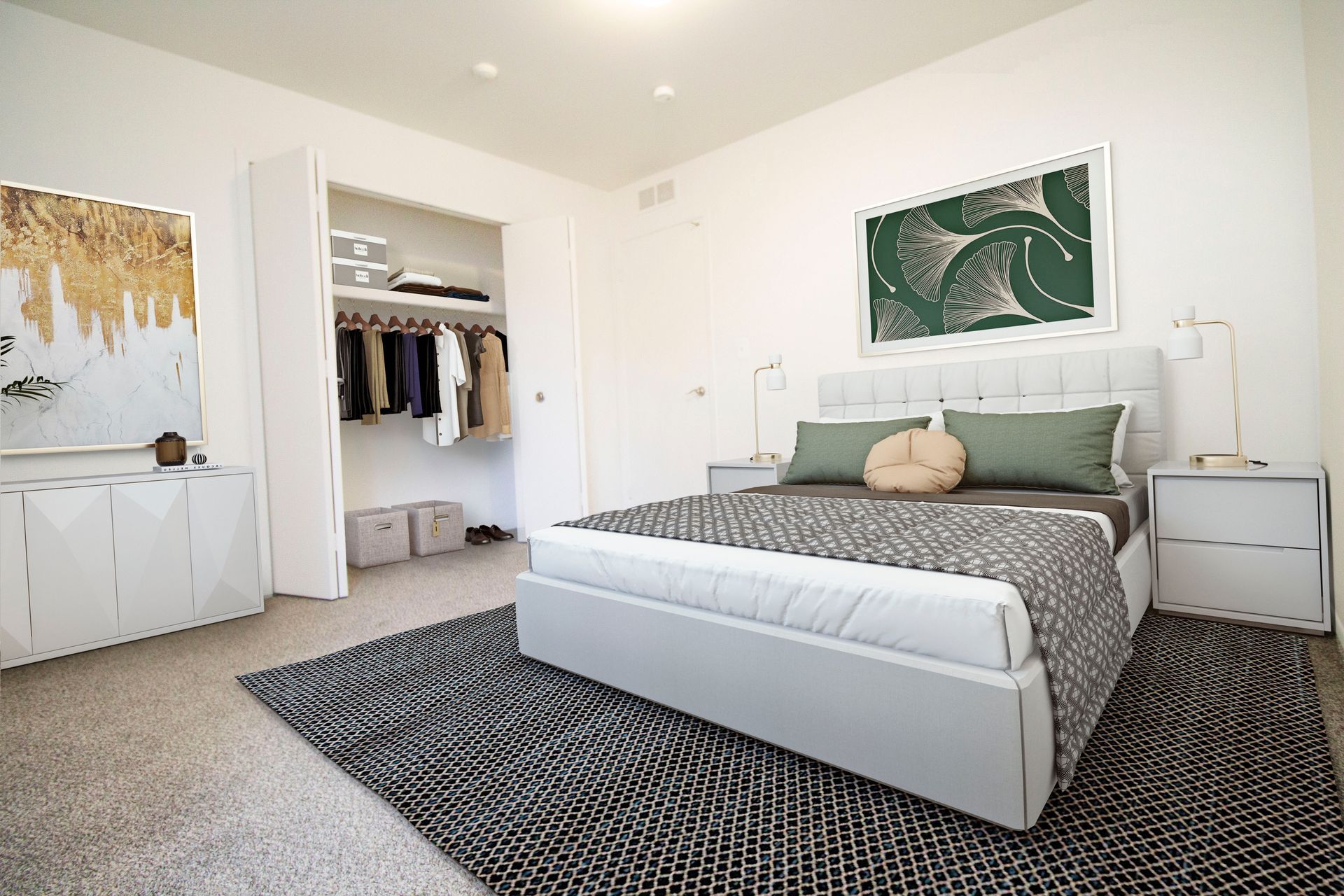 A bedroom with a bed , nightstand , rug and closet.