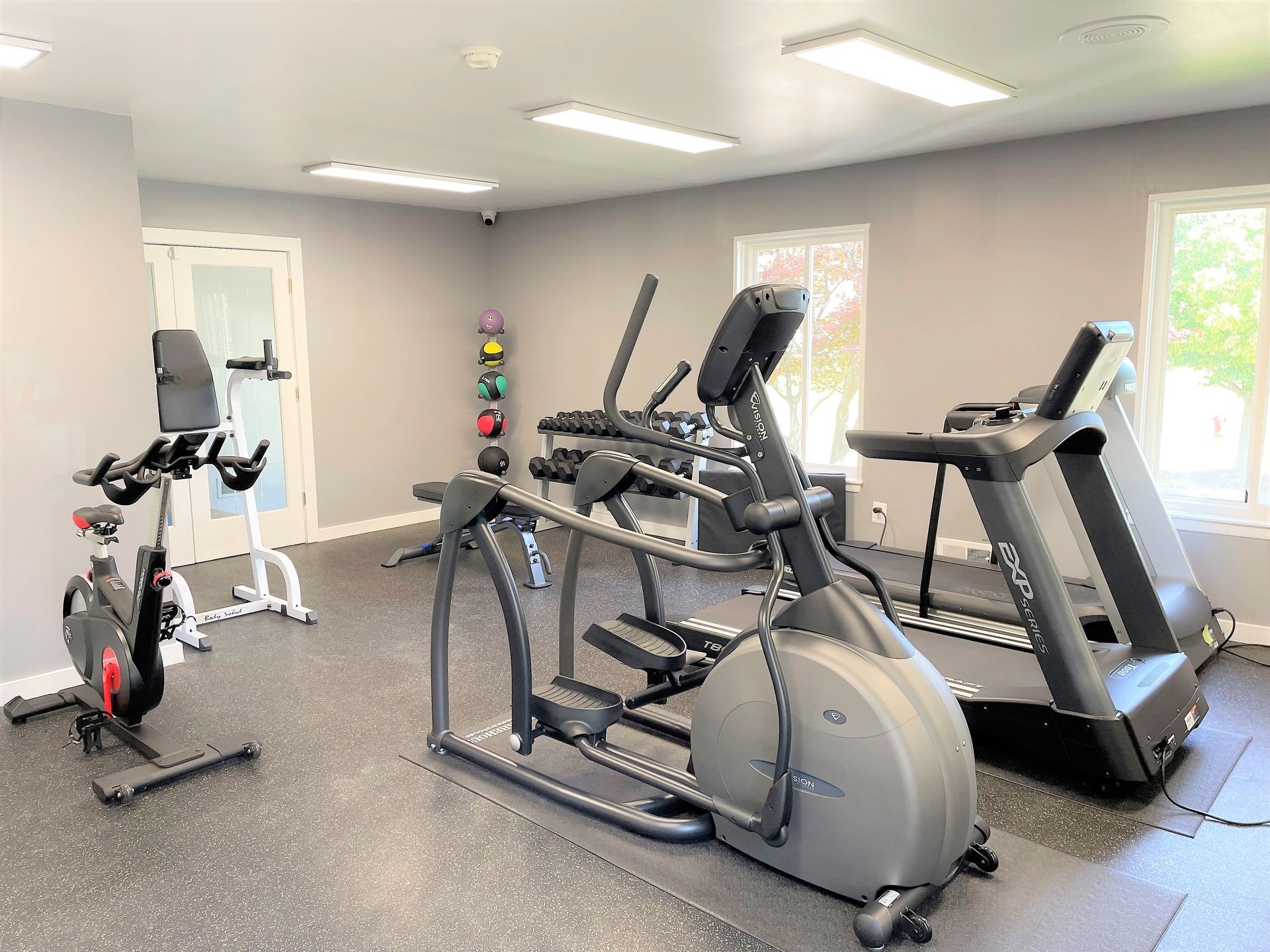There are many different types of exercise equipment in this gym.