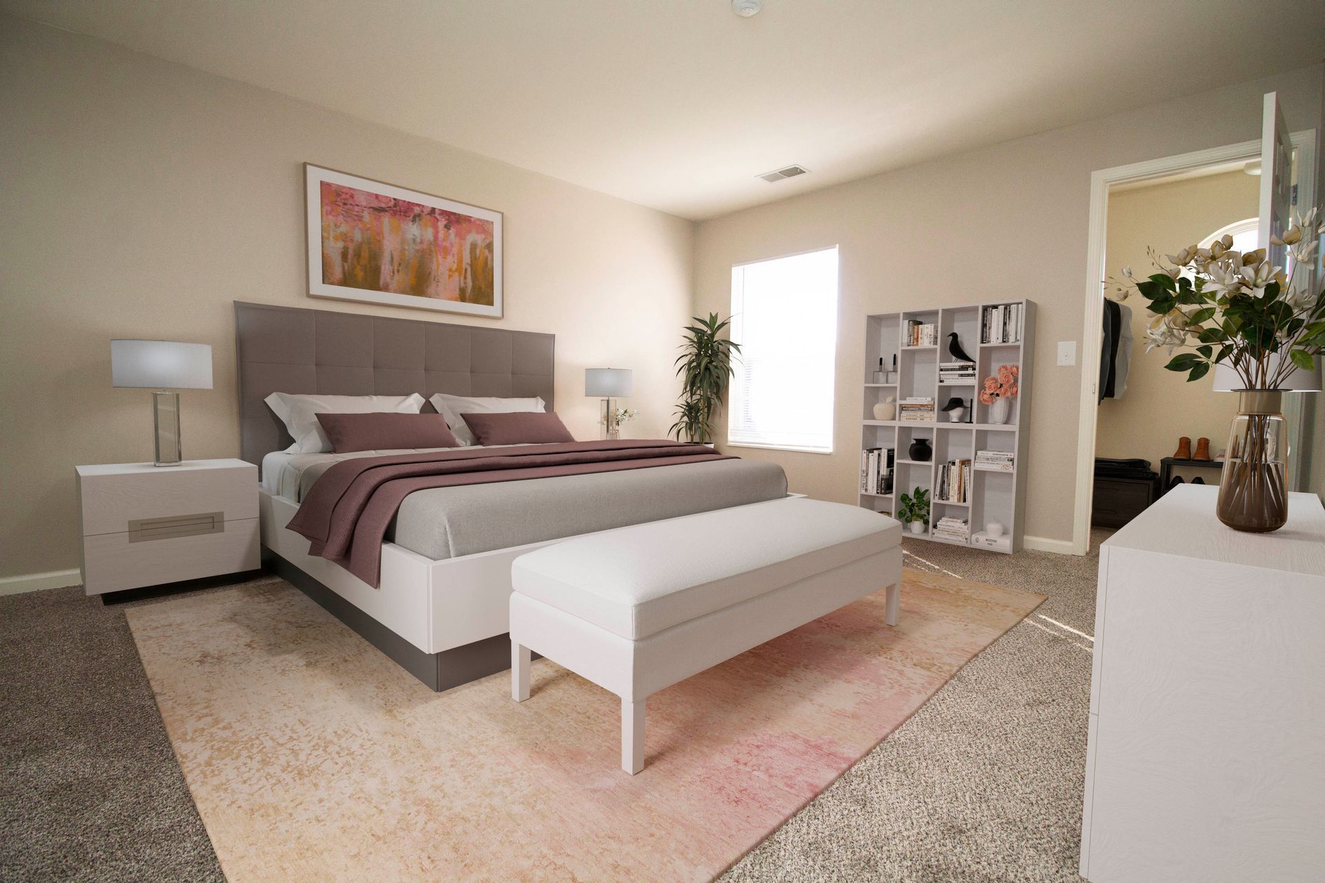 A bedroom with a bed , dresser , nightstand , bench and bookshelf.