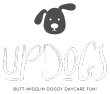 Black dog face logo above the text “BUTT-WIGGLIN DOGGY DAYCARE FUN!”