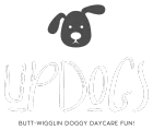 Black dog face logo above the text “BUTT-WIGGLIN DOGGY DAYCARE FUN!”