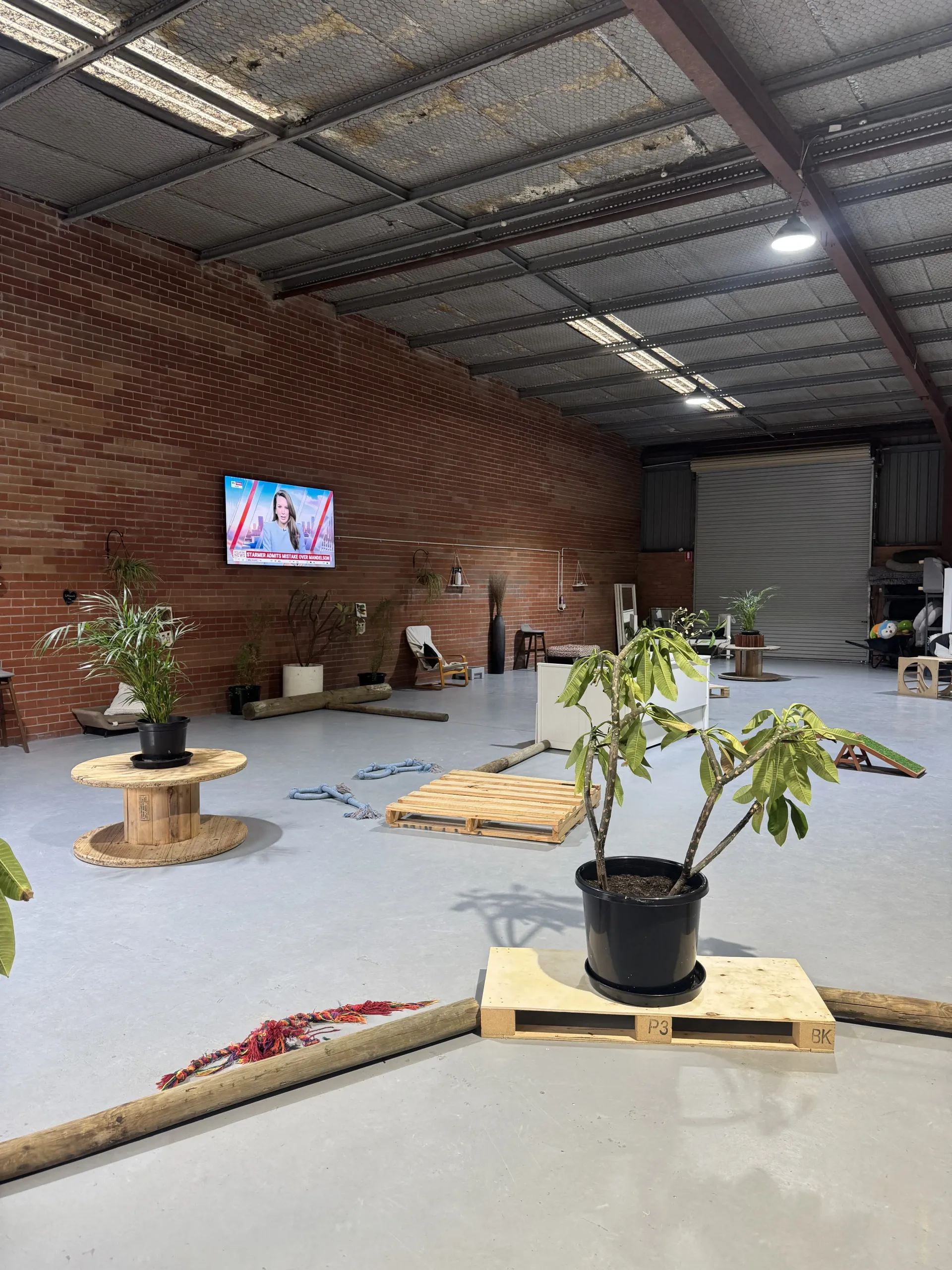 Covered brick patio with a TV, potted plants on tables, and a person standing near a garage door.