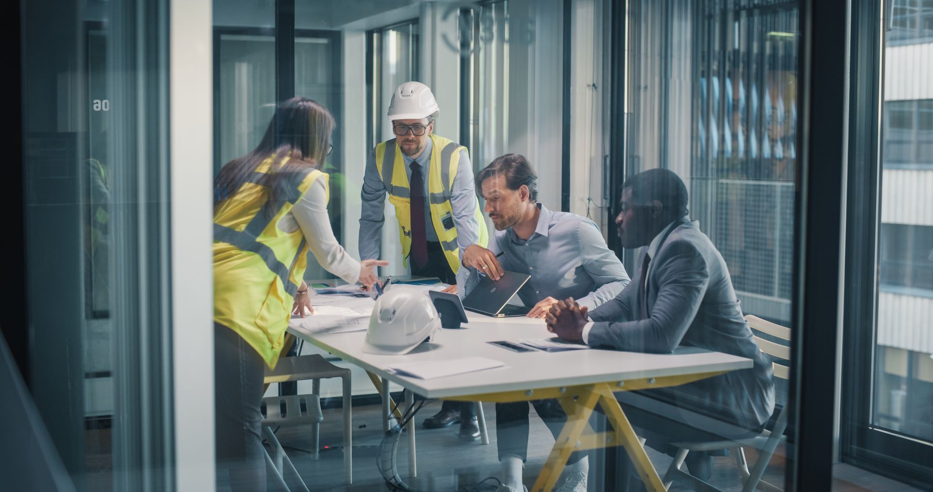 Colleagues gathered around a table in a glass-walled office, reviewing documents and discussing plans.