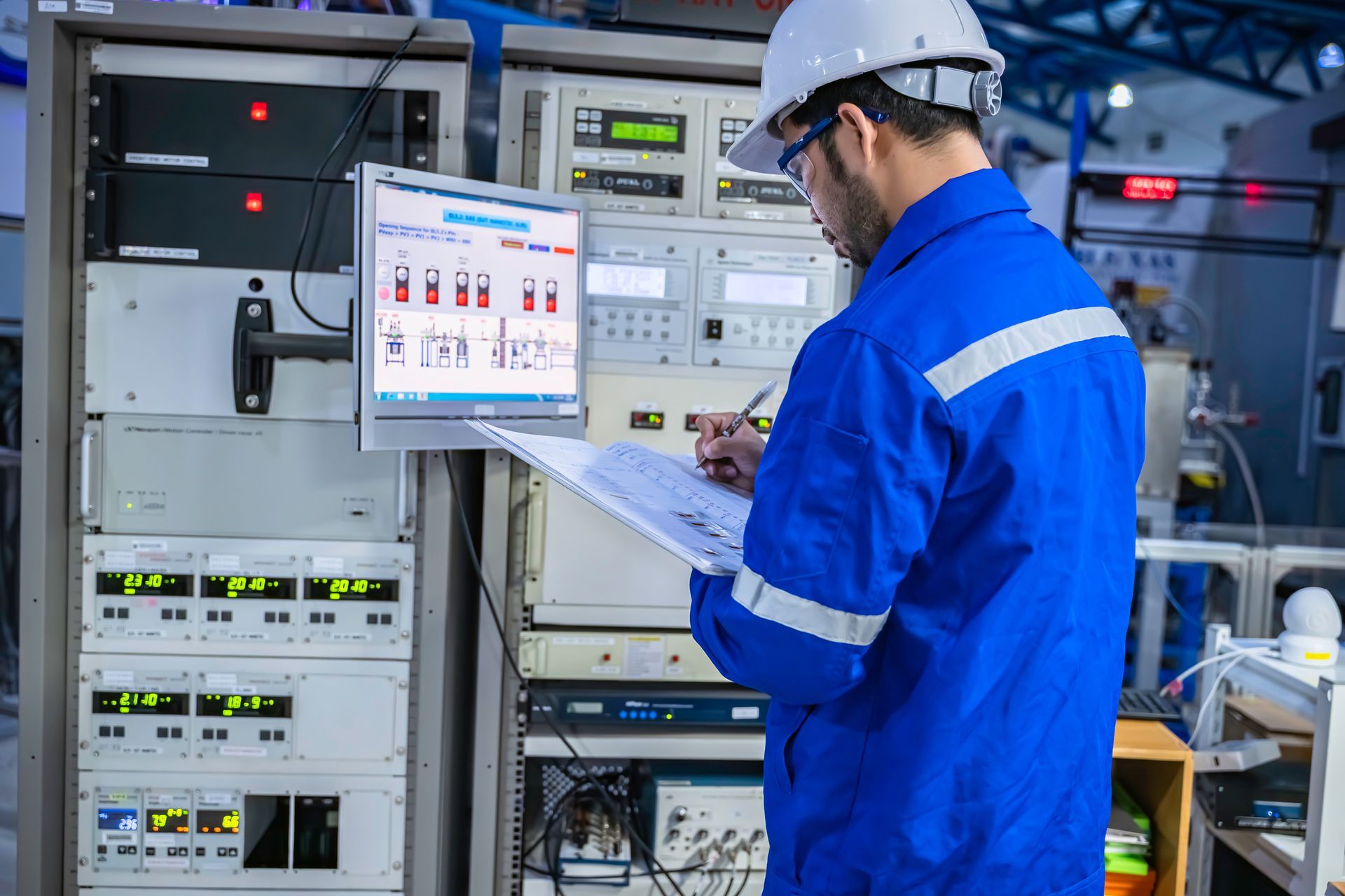 Technician in blue uniform inspecting industrial control panels with a tablet in a factory.
