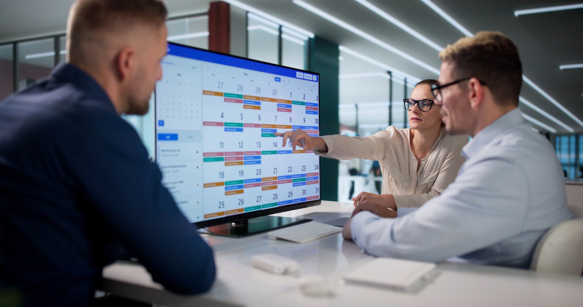 Three coworkers review a project plan on a large monitor in a modern office.